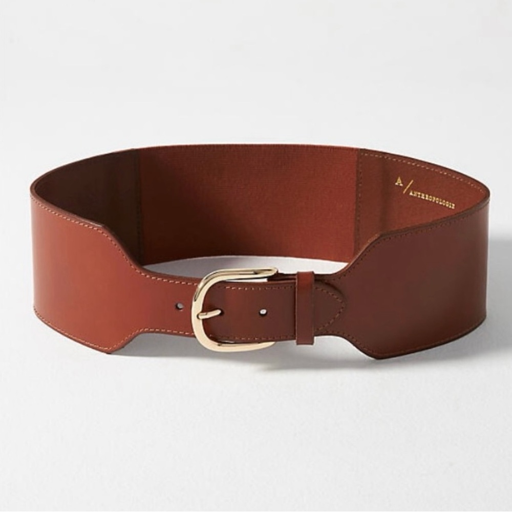 Anthropologie Wide Brown Leather Belt with Gold Buckle